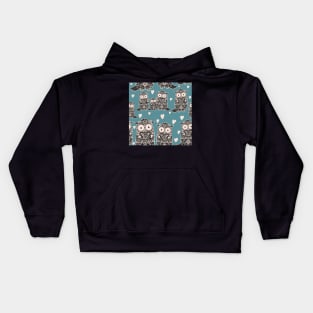 Folk Art Owls, Owlets and Hearts  Pattern on Teal Kids Hoodie